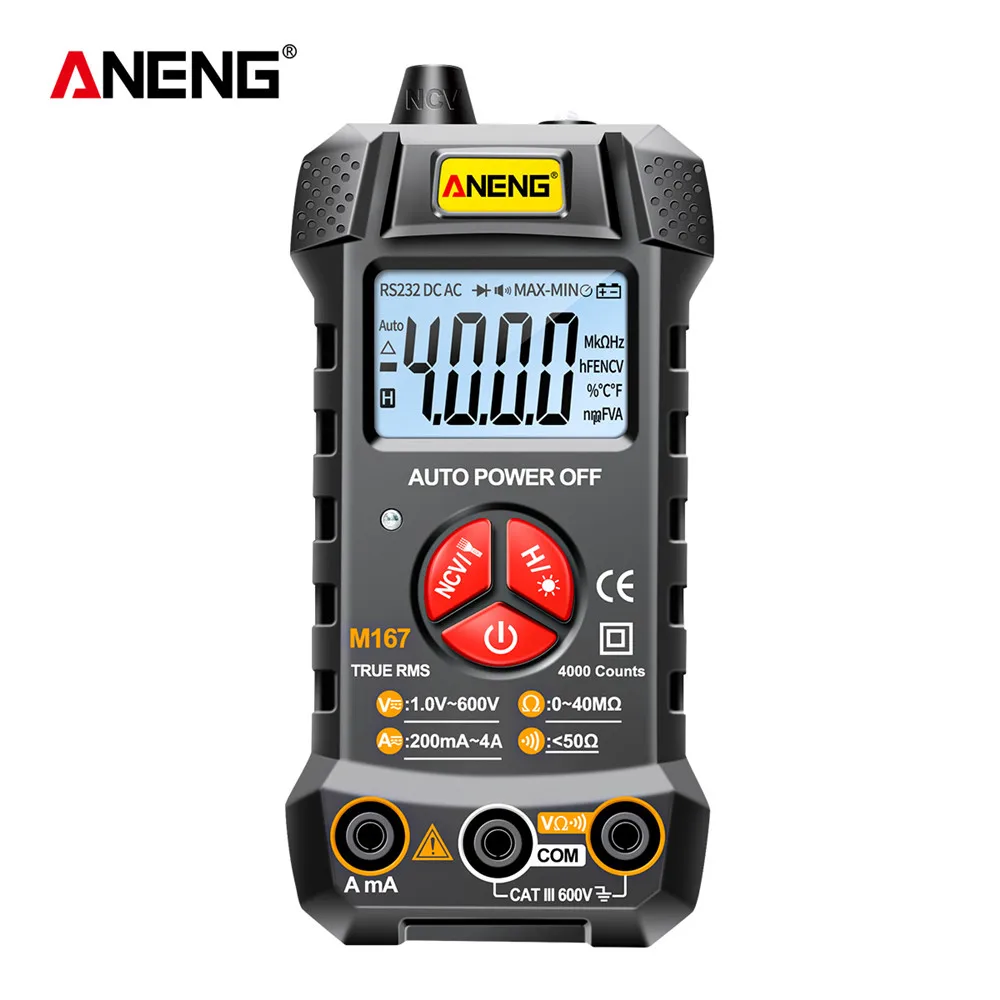 ANENG M167 Digital Mini Multimeter Tester Auto Multimetro True Rms Tranistor Meter with NCV Data Hold 4000counts Flashlight