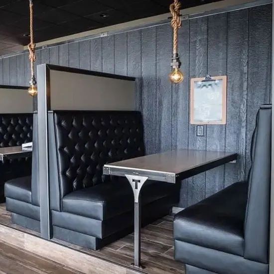 Industrial rustic vintage coffee shop pub benches button back pizza street restaurant design