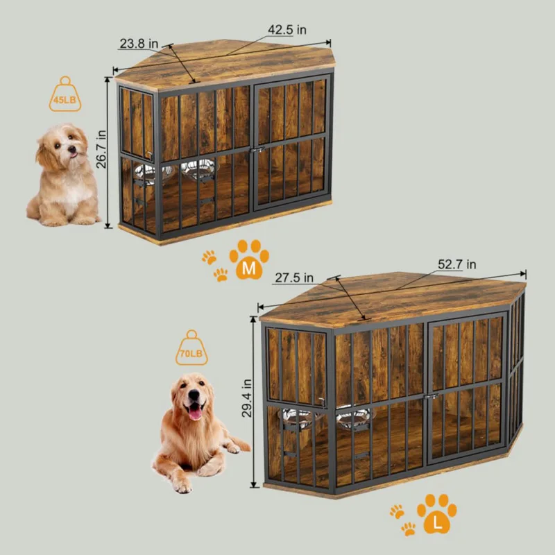 New Product Furniture Dog Crate Corner, Dog Kennel Corner Wooden End Table with Bowl,  Pet Crates Corner Side Table for Dogs