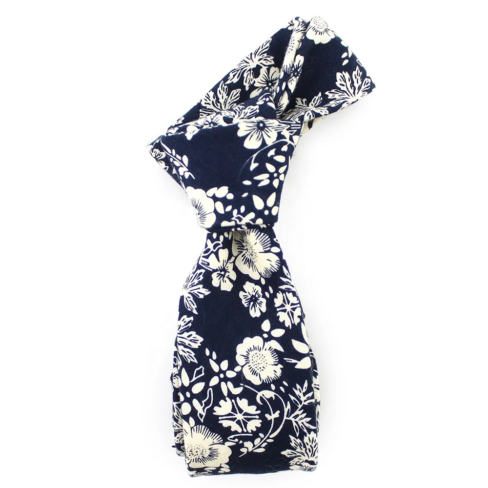 Мужские галстуки с цветочным принтом Shengzhou темно-синие и белые тонкие узкие хлопковые ручной