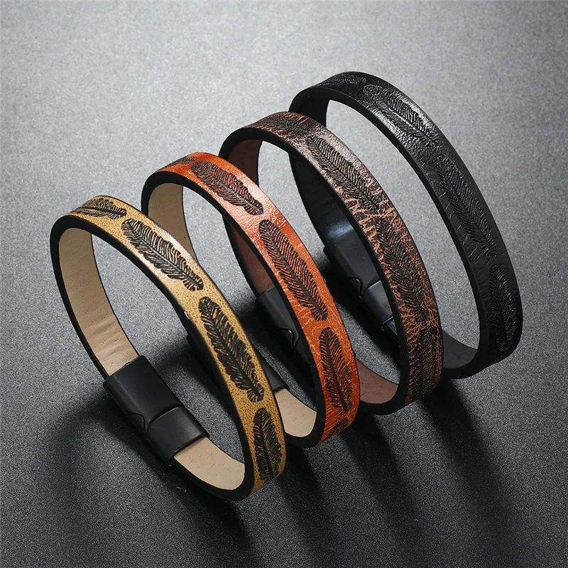wholesale men jewelry magnetic clasp leather bracelet for men engraving leaf