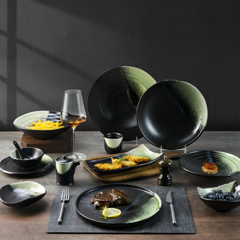 Yayu new listing Horeca luxury modern black green ceramic dinner steak flat plates for Korean food restaurant porcelain dishes