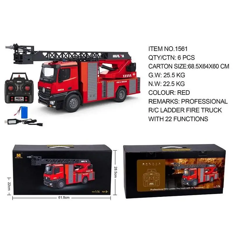 Tiktok Huina 1561 1:14 Scale 22CH Alloy  Remote Control Sprinkler Fire Truck Vehicle Engineer Toys With Fire Ladder and Light