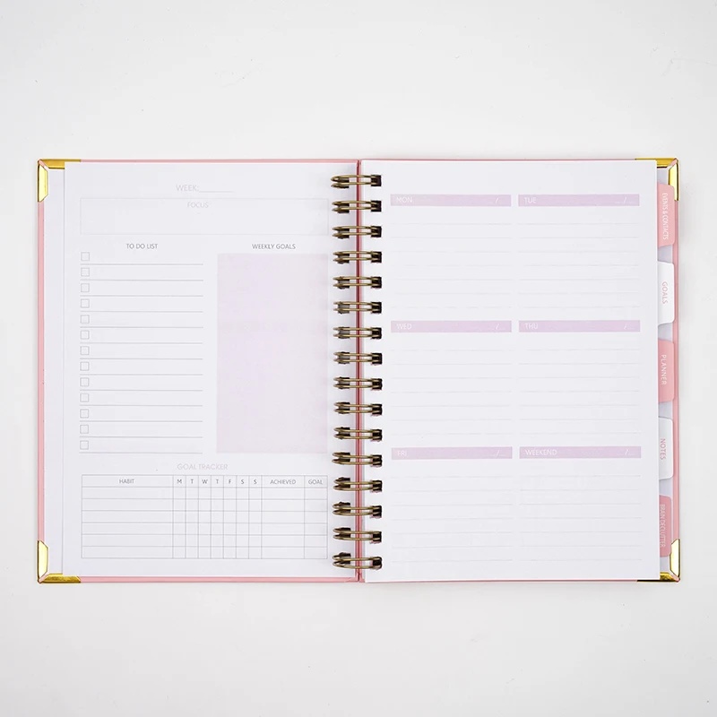 Oem Notebook Custom Logo 2024--2025 A5 Pink Spiral Weekly Monthly Manifestation Goal Diary Journal Planner Agenda Notebook