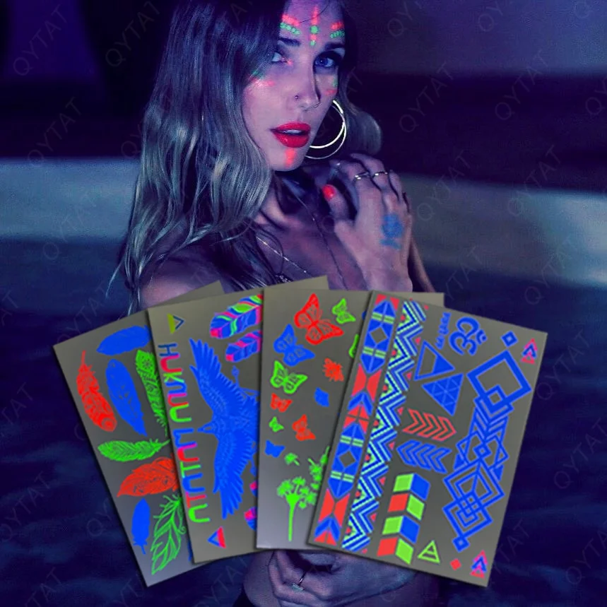 Custom High Quality Men Women Sexy Body Art Waterproof Neon Color UV Light Glow Luminous Fluorescent Girl Temporary UV Tattoo