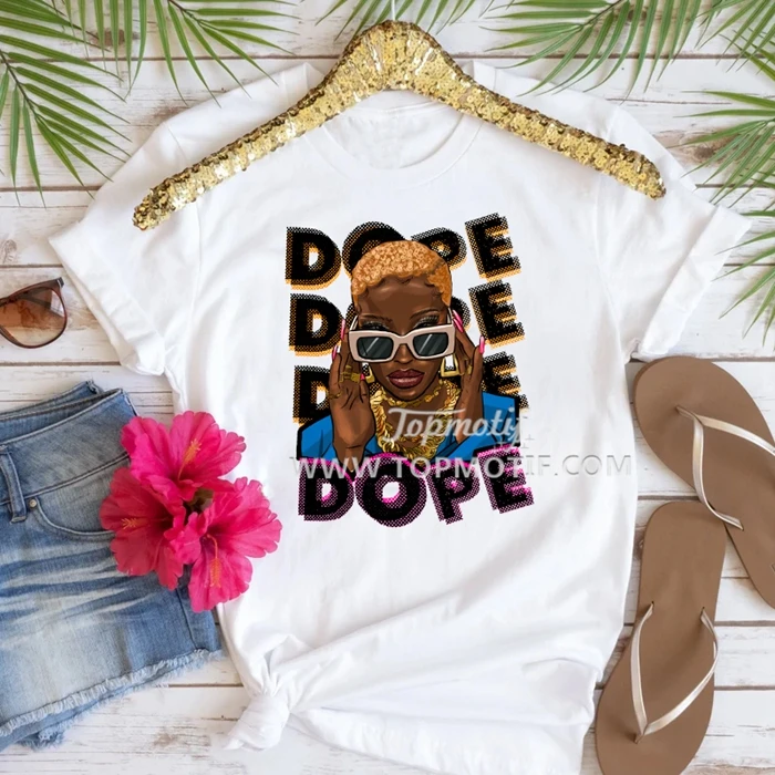 Dope Girl Gold Curly Hair Gold Sunglasses DTF Transfer Printing Garment Heat Sticker Applique Ready To Press Free Shipping