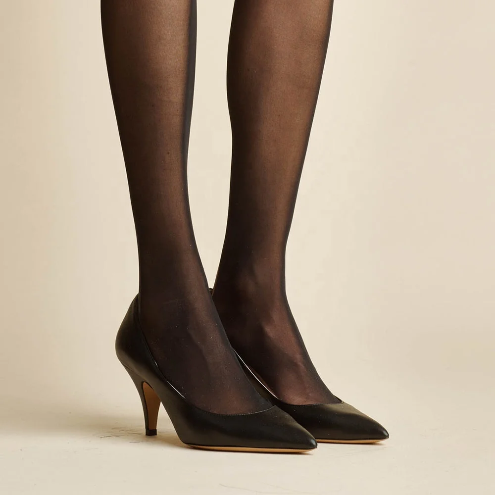 Formal Business Classy Ladies Low Work Mid Heel Office Genuine Leather Pumps High Kitten Heels Shoes Women Large Sizes