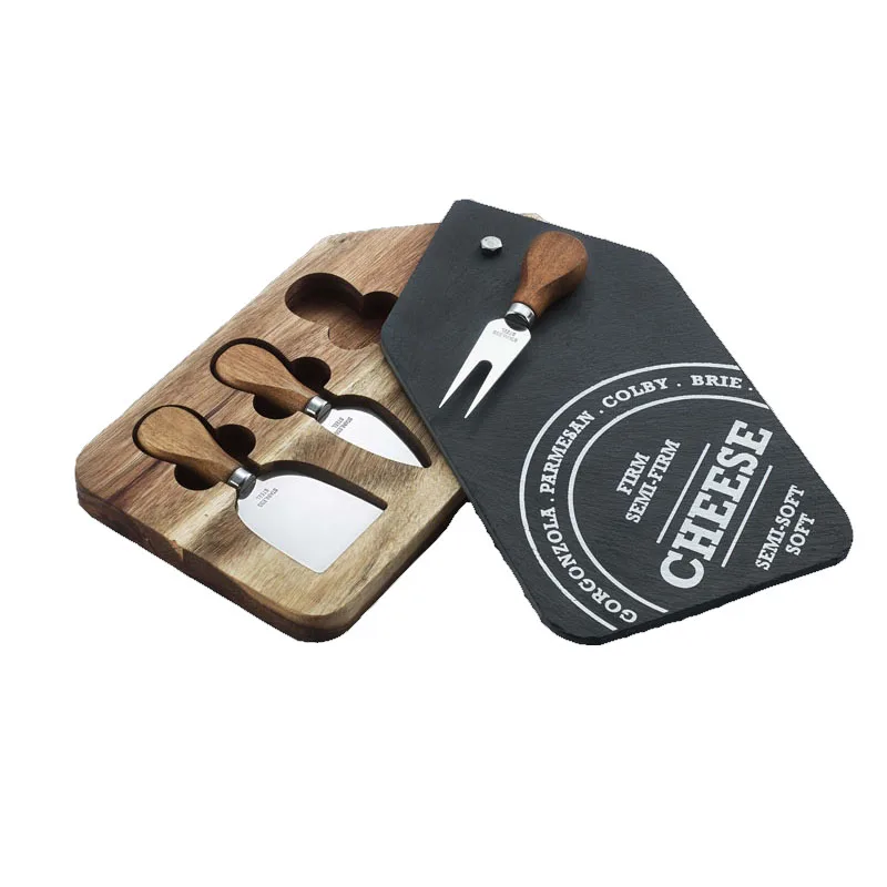 wholesale cheese slate cutting board set cheese knife and cheese fork with acacia  wood handle