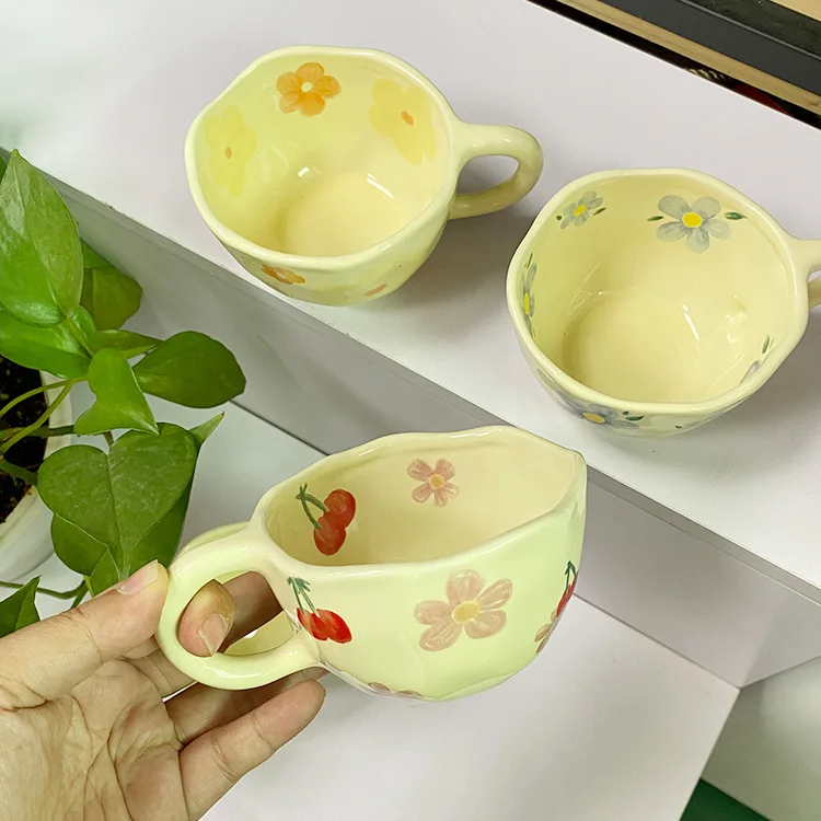 2023 ins Korean style milk yellow hand pinch irregular ceramic hand-painted cup ceramic coffee cup breakfast cup