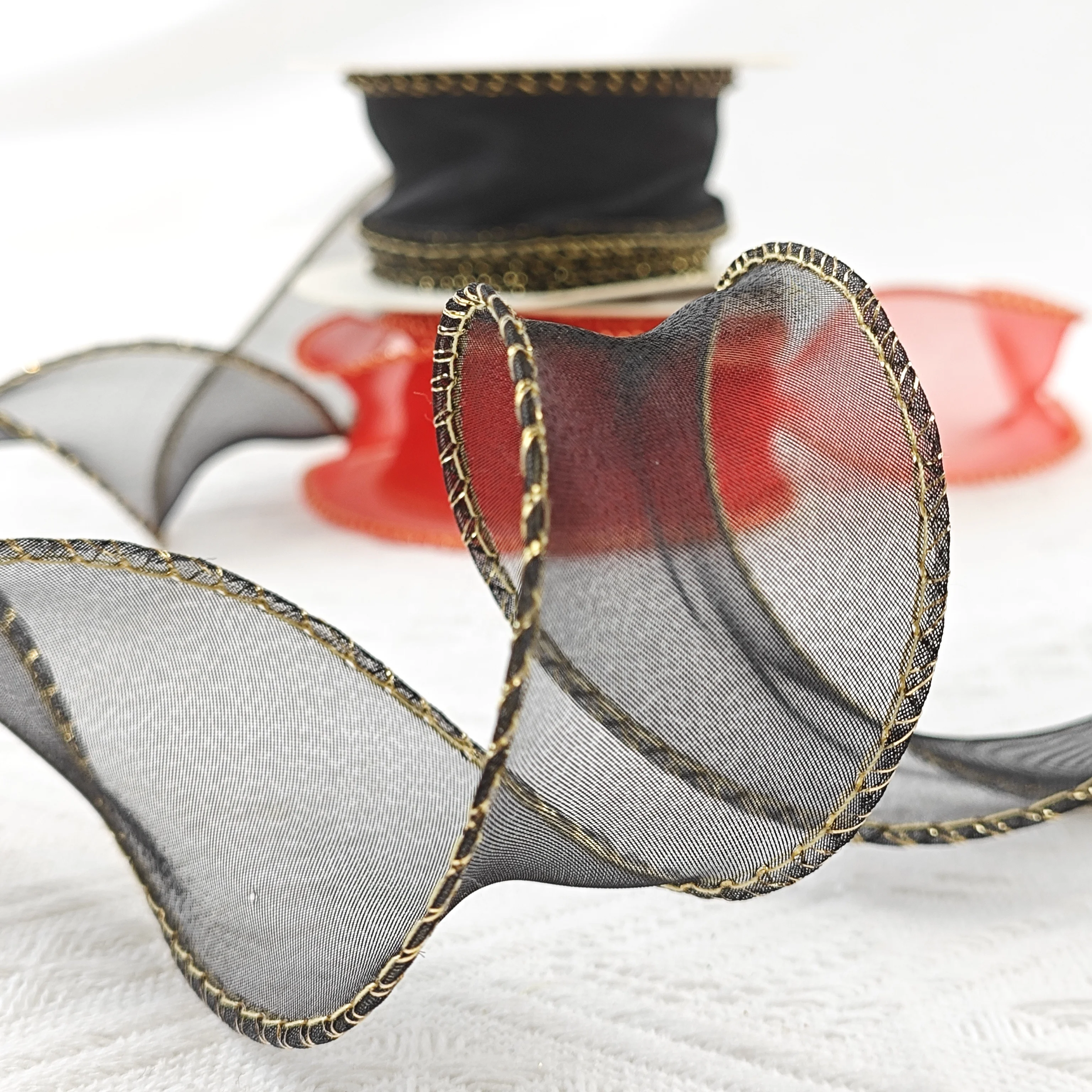 Custom Hologram Sheer Chiffon Silk White Pink Yellow Organza Ribbon For Wedding Bouquets Wrapping