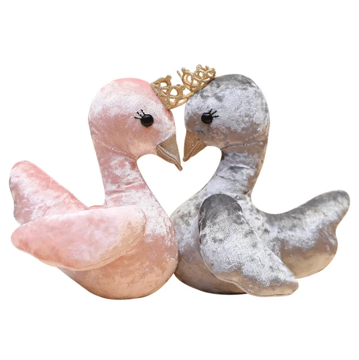 Custom stuffed sliver velvet fabric cute swan plush toy with golden crown