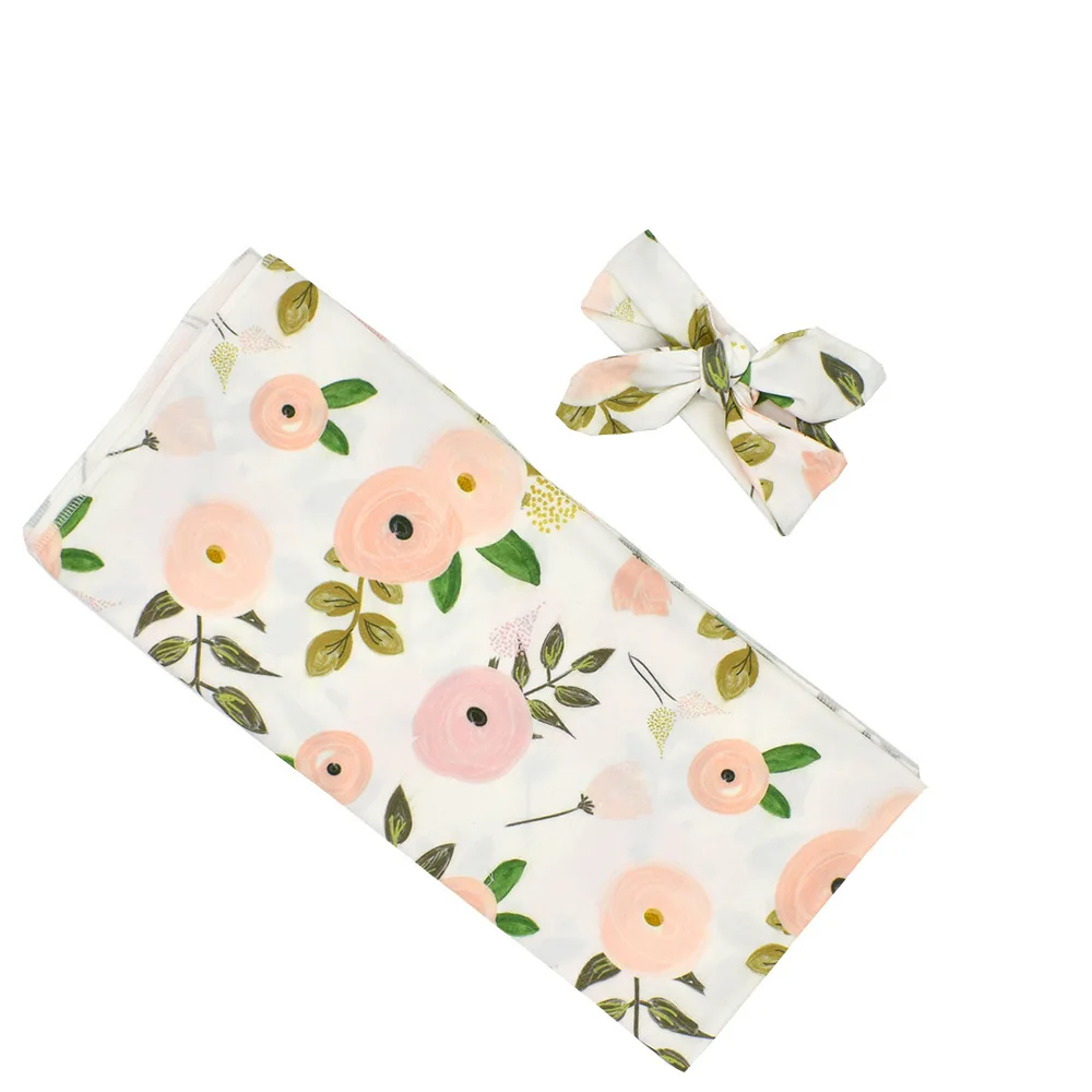 Newborn Baby Photo Shoot Props Soft Stretch Floral Printed Swaddle Wrap Blanket and Headband Set