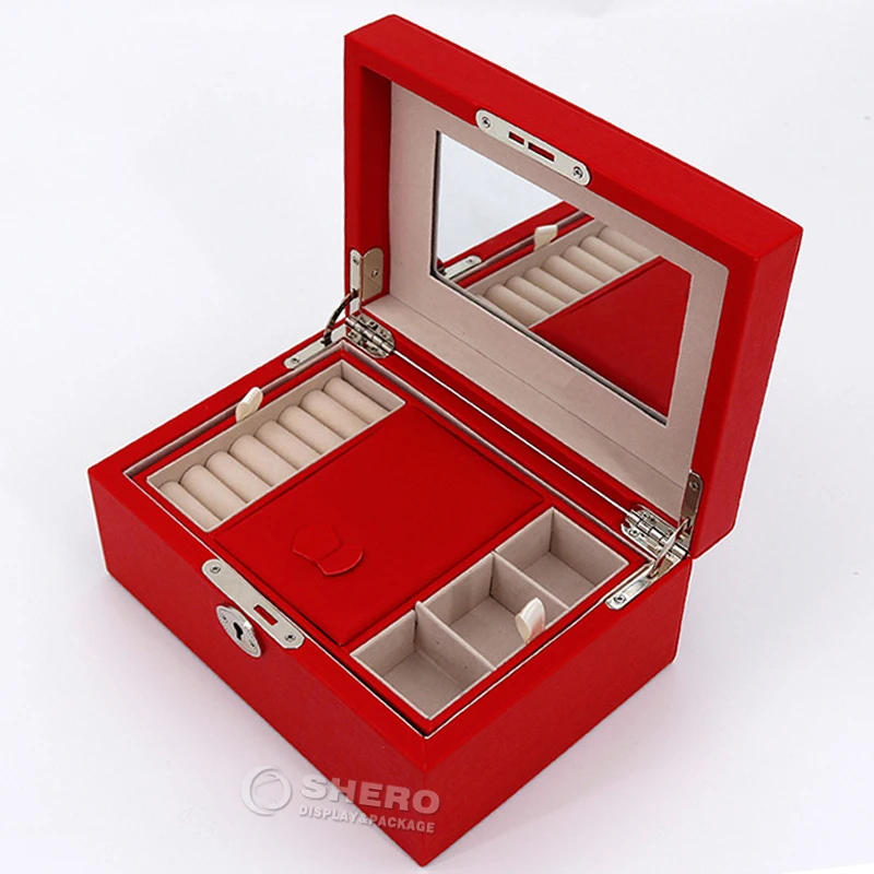 Pu Leather High Capacity Jewelry Storage Case With Mirror 3 Layers Flannel Jewelry Travel Box Big For Women Girls