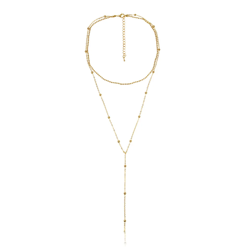 Double Layers Delicate Metal Gold Plated Chain And Pearl Lock Pendant Necklace
