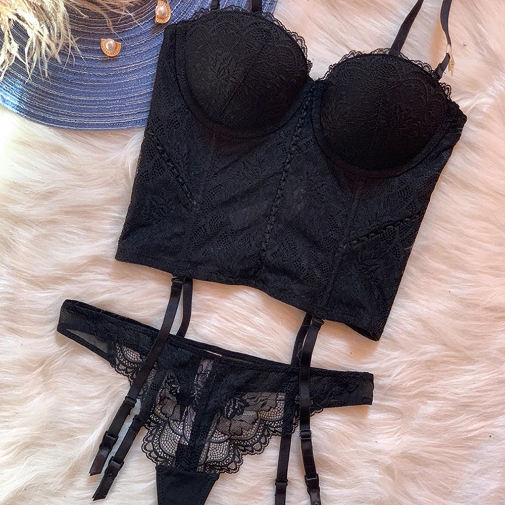 6619 Sexy Shaper Lingerie Set With Garter Women Bra Thongs Shapewear Set Lace Push Up Corset Underwear For Ladies