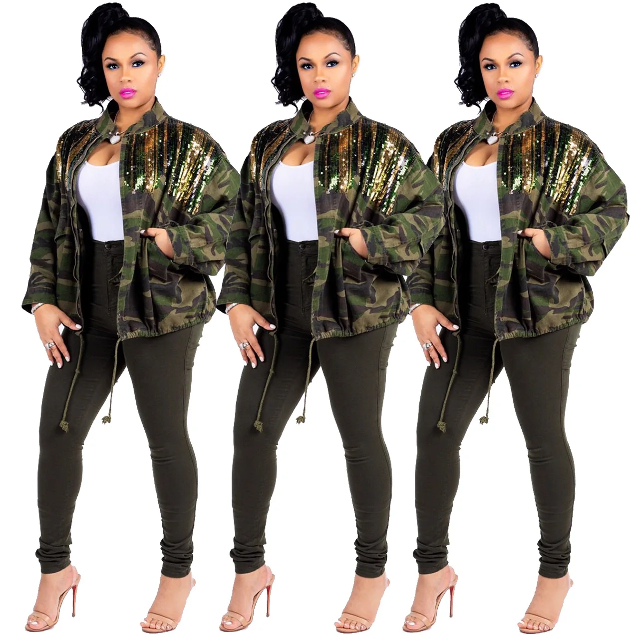 2020 Hot Selling Women Long Sleeve Camouflage Coat Sequined Winter Fashion Jeans Jacket Coat Crop Tp for Ladies