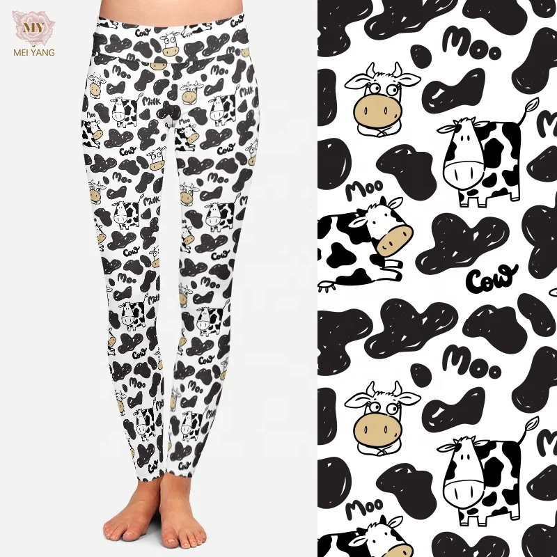 Wholesale Cow Legging 92% Polyester 8% Spandex 230GSM Double Brushed Print High Waist Yoga Leggings for women