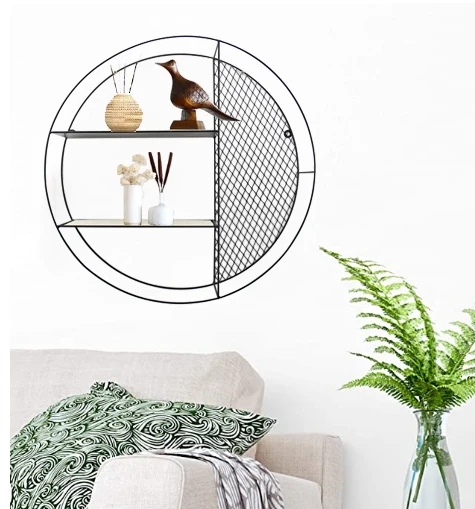 Best sallers 2021 Industrial Style Metal Round Shape Grid Wall Shelf Hanging Floating Display Iron Wall Holder Rack
