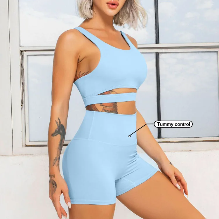 Eco-Friendly Light Blue Breathable Yoga Top Women Soft High Weight Bearing Recycled Sports Bras