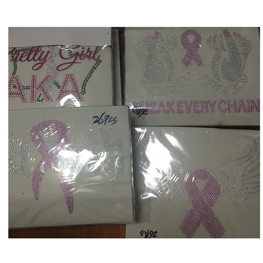 Factory Custom Bling Awareness Ribbon Rhinestone Transfer Iron Design Applique For T shirt