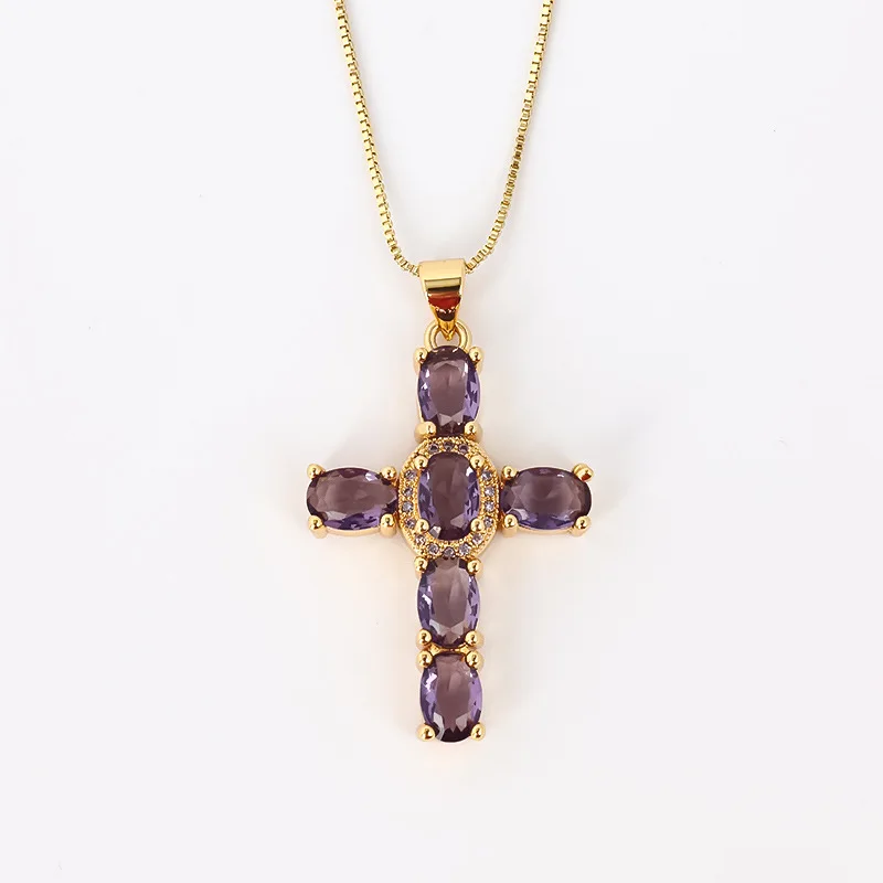 Fashion Gold Plated Multi Color Oval Shape Crystal Zircon Cross Pendant Necklace For Lady Gift