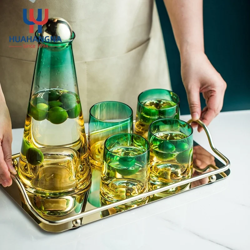 Home Kitchen Premium 1100ml/37oz Glass Water Jug Cups Set Pitcher Hand Made Iced Juice Tea Carafe with Glasses