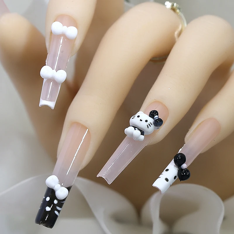 New 3d Black White Cartoon KT Cat Nail Accessories Cute Katy Cat Bow Flat Back Resin Rhinestone Nail Art Charms
