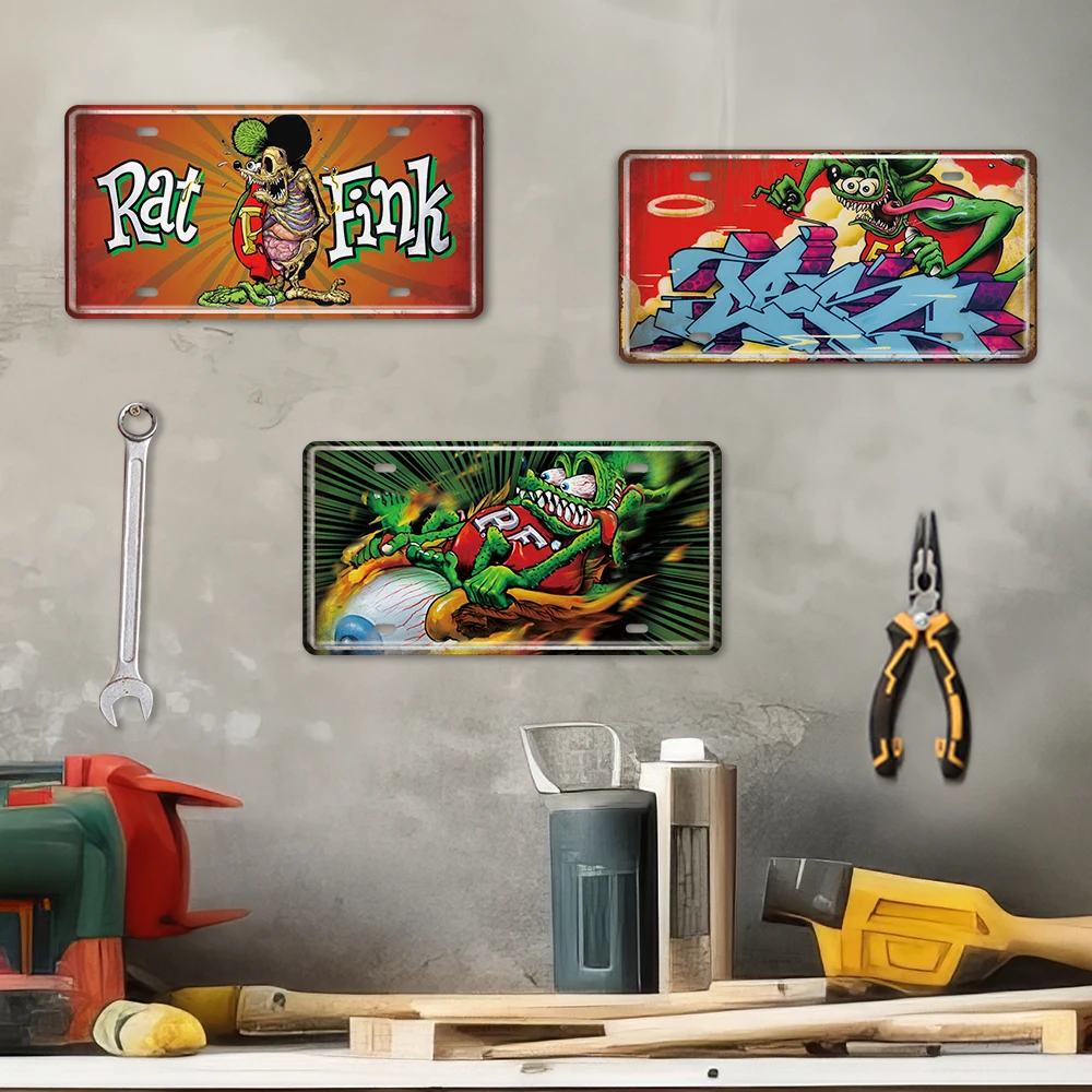 Hot Sale Metal Craft Rat Fink Decorative License Plate Printed Vintage Logo Car Decorative Plate Wall Decorative Tin Sign