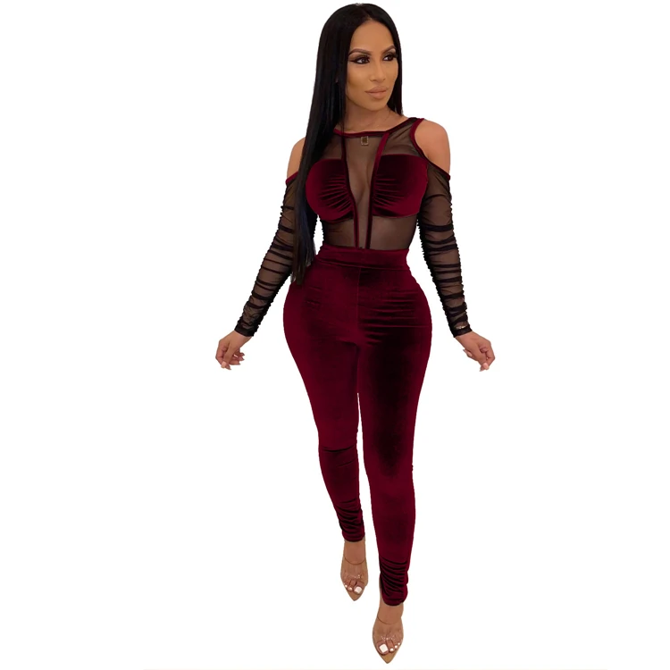 2020 new design black zipper mesh patchwork tight bodycon club wears women jumpsuits
