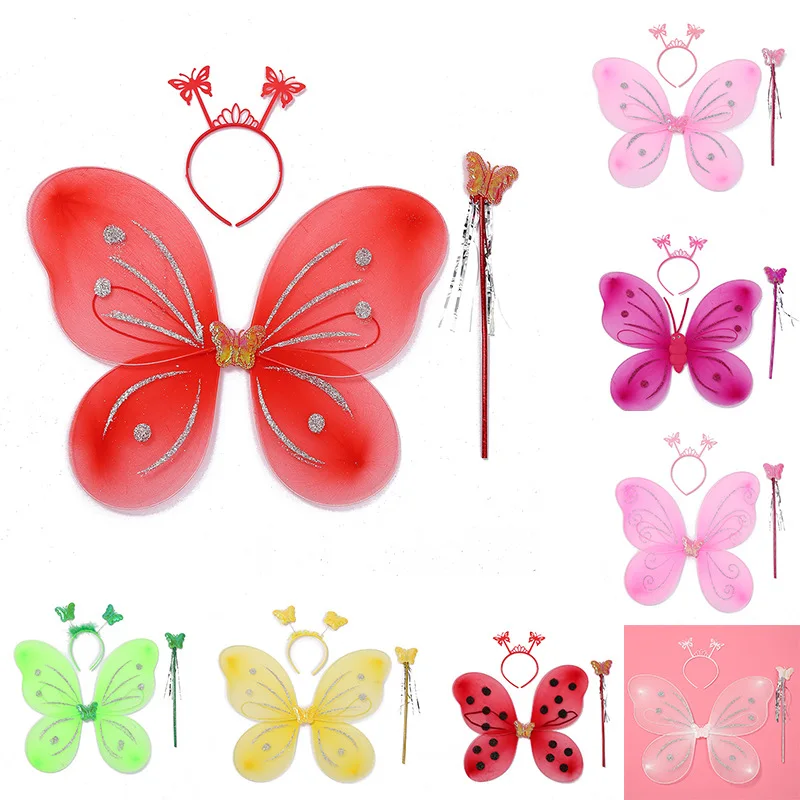 Butterfly Wings For Kids Three-Piece Headband Fairy Wand Head Buckle Durable Lovely Butterfly Wings