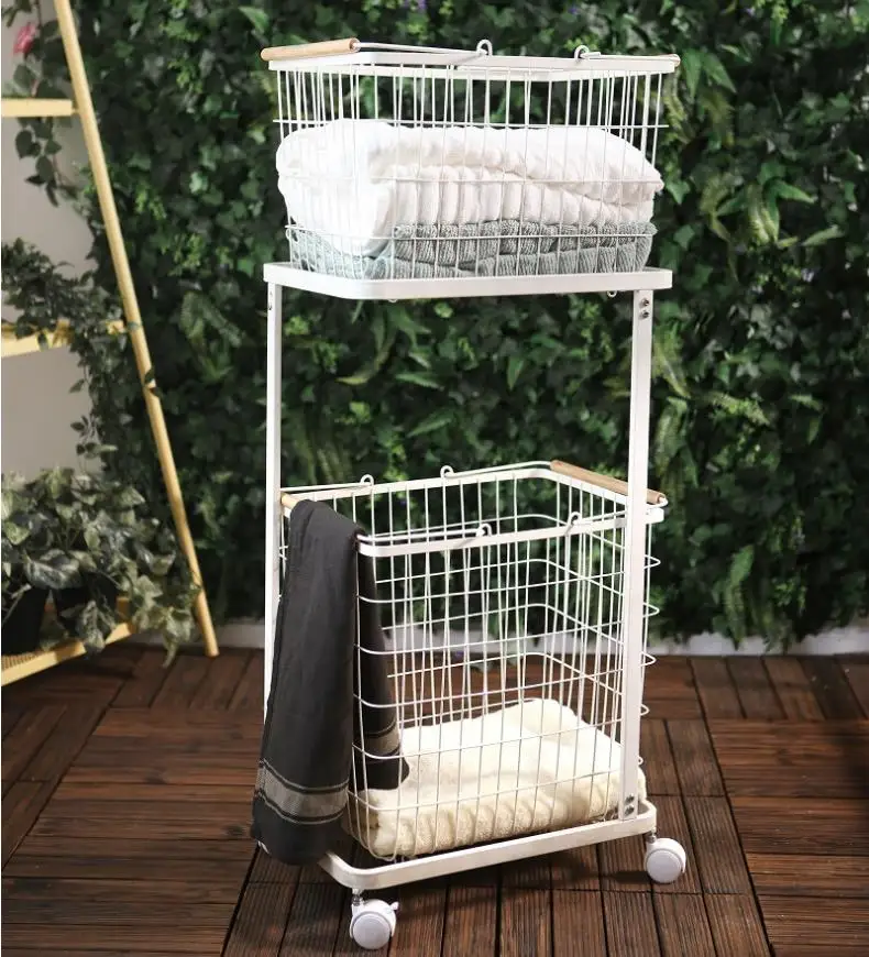 Wholesale Bathroom 2 tiers White Metal Laundry Cart with Removable Baskets