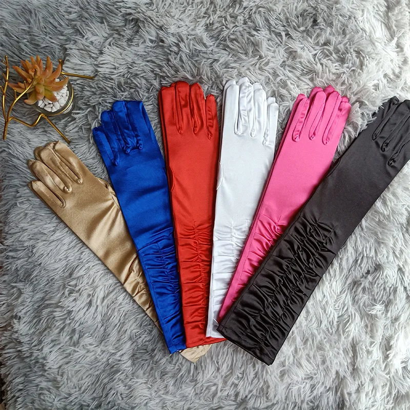 cheap 38cm Elbow Long classic Wrinkled Wedding Gloves Bridal Satin Bridal Gloves With Five Fingers Opera evening Accessories