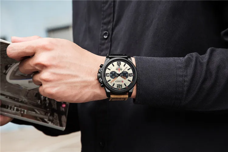 Fashion Leather Sport Quartz  Case Mechanical Automatic Watch Men Chronograph Waterproof Wrist Watch