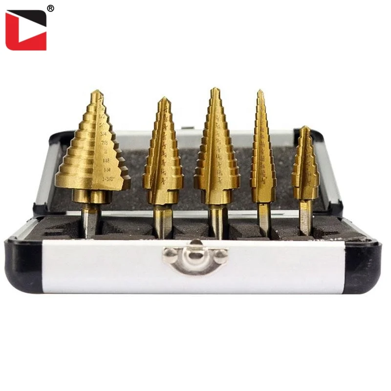 Набор ступенчатых Сверл из быстрорежущей стали с титановым покрытием в алюминиевом корпусе, 5 шт.