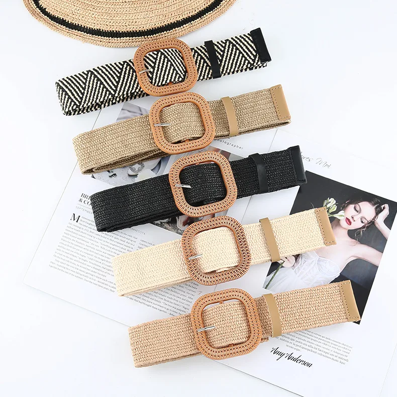Various Design Women Skinny Dress Stretch Waist Belt PP Straw Woven Elastic Belt With Wooden Round Square Buckle