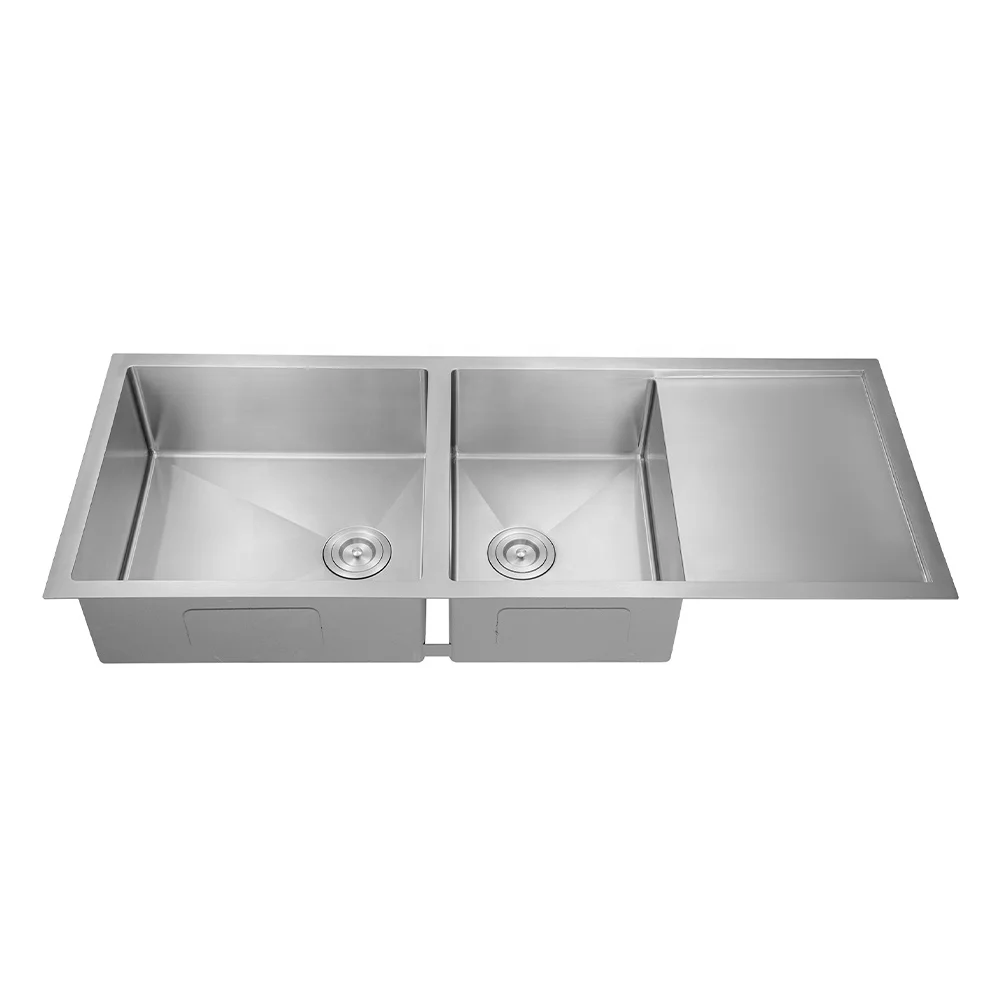 Customized Luxury Undermount Handmade Kitchen Sink 304 Stainless Steel Double Bowl Drainboard Kitchen Sink