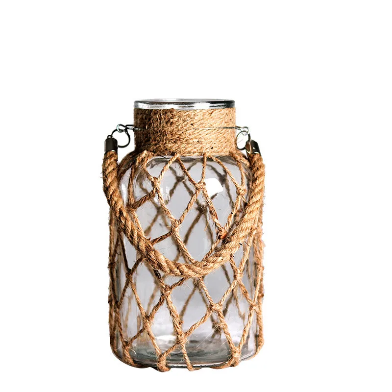 Hand knitted hemp rope transparent glass vase wholesale American decorative retro hydroponic glass vase
