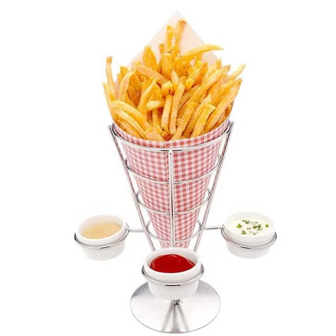 Fry and appetizer cone display with triple sauce cup holders Perfect for party and catering event - stainless Steel metal stand