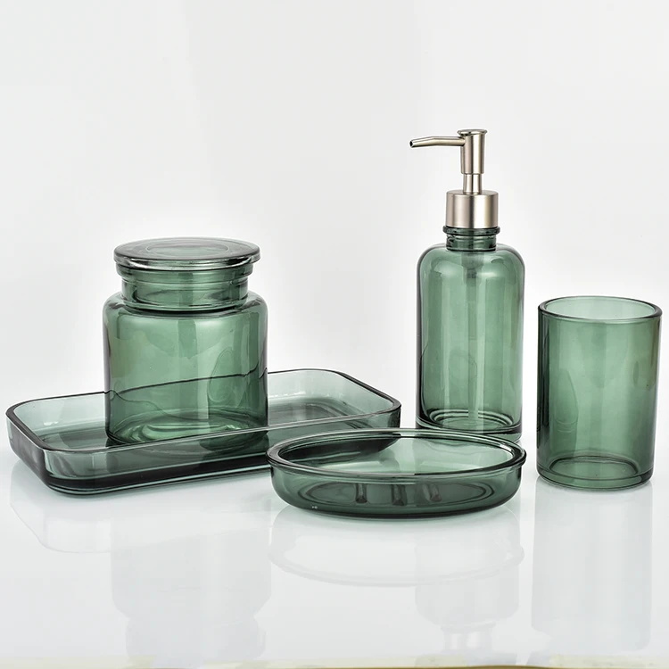 
Hotel Decorative High Quality Transparent Green Glass 5 Pieces Bathroom Accessories Set 