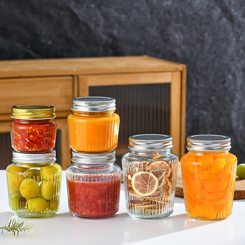 New Design Ribbed Mason Jar For Food Storage Unique Design 150ml 250ml 380ml 500ml Honey Jam Flint Glass Jar