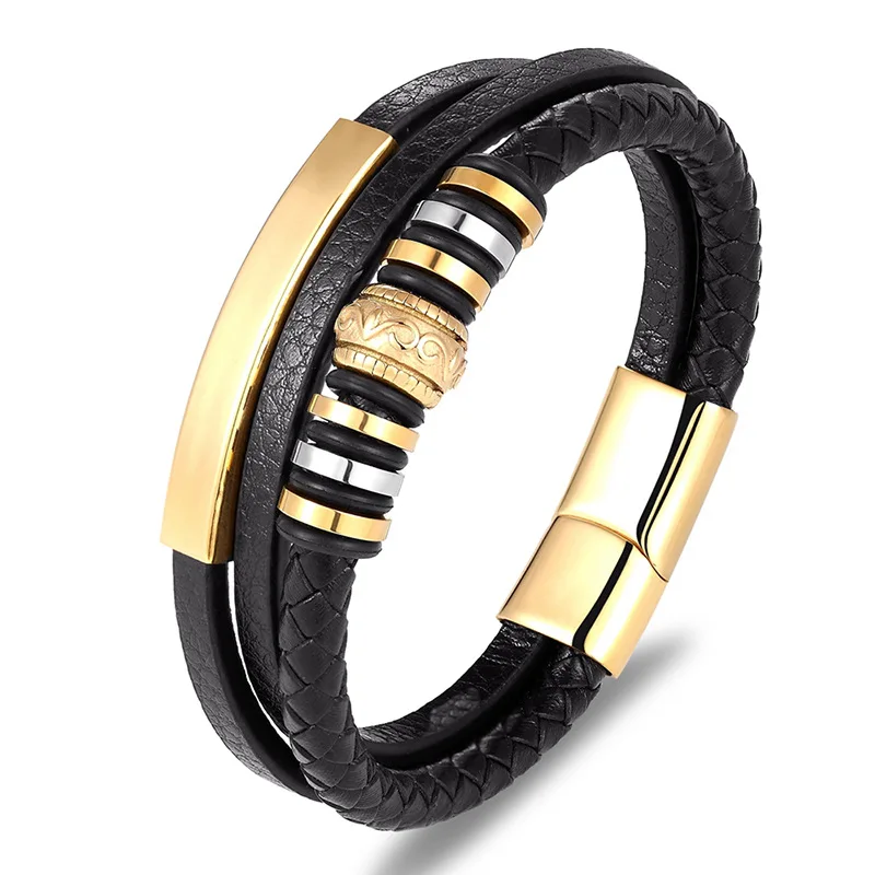 Trendy Fashion Leather Bracelet Men Silicone Bracelets Custom Logo Stainless Steel Bracelet Leather Jewelry Gold Plated Bangle