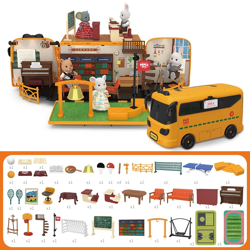 Miniature Dream Doll House Furniture Multi-functional Touring Bus Educational Toys Portable Pretend Play Set