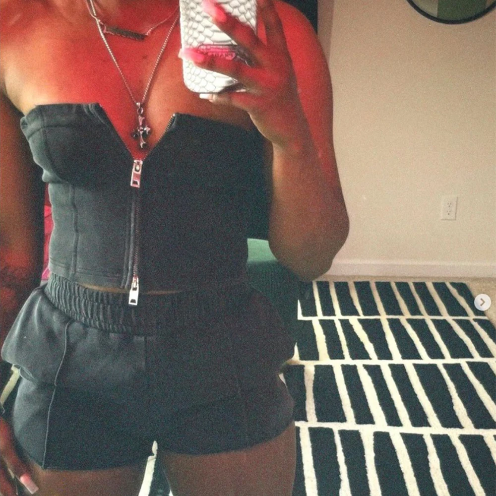 Custom Vintage Tube Top Bodysuit Women Clothing Outfits Acid Washed Two Piece shorts Sets