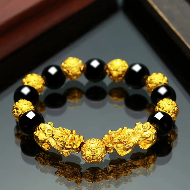 Sand Gold Pixiu Bracelet  Gold Obsidian Six Character Mantra Buddha Bead Bracelet