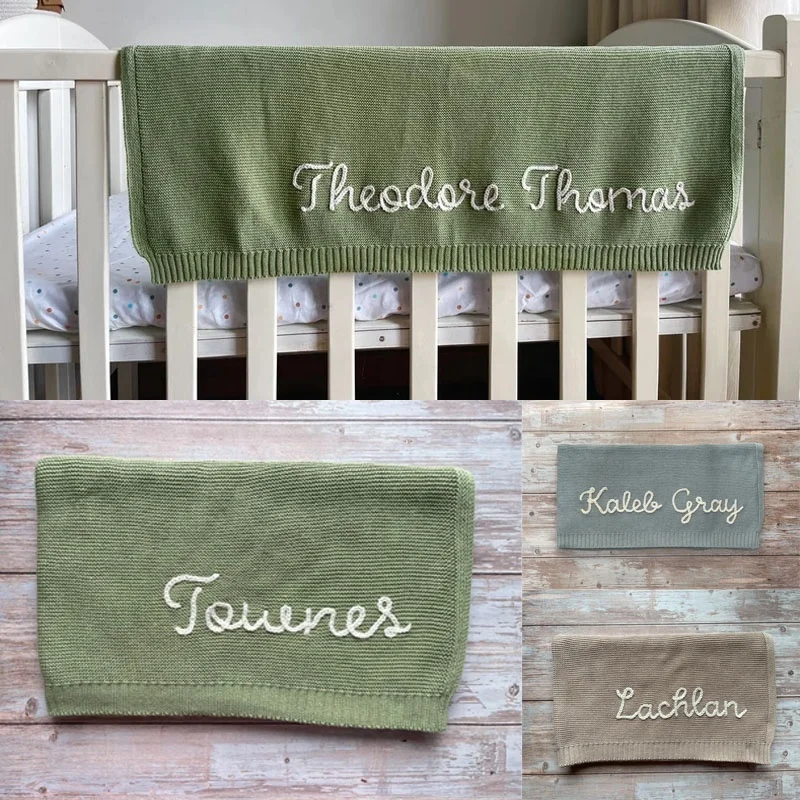 Factory low order quantity personalized hand-embroidered knitted baby blanket and monogrammed baby gift