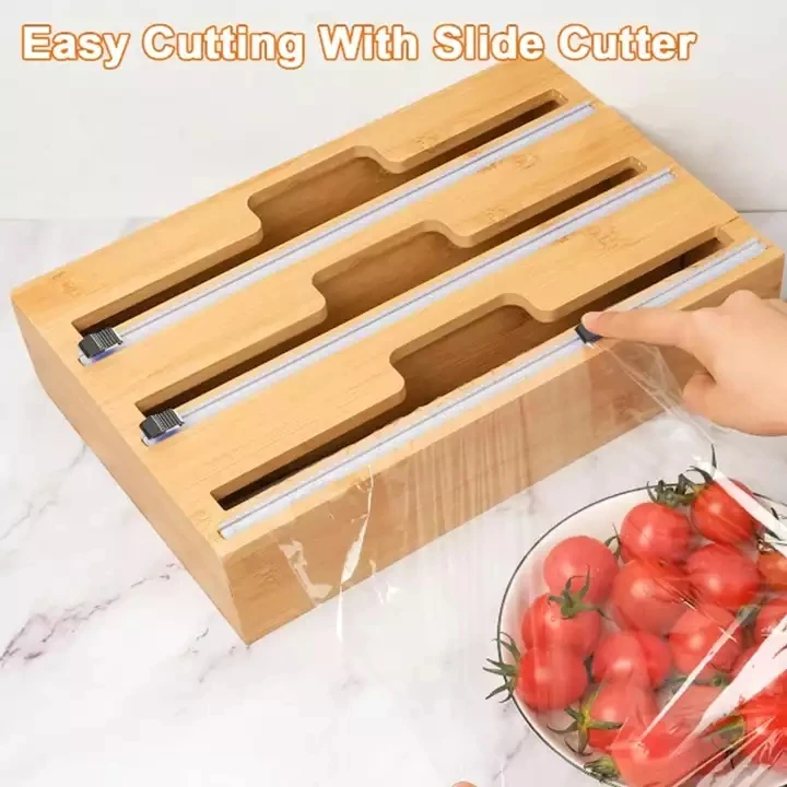 home kitchen drawer wax paper bamboo aluminum foil cling plastic wrap dispenser with cutter roll organizer holder box