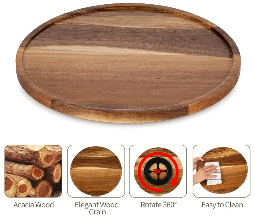 Farmhouse Rustic Round Acacia Wooden Turntable Decorative Coffee Table Trays Lazy Susan Gabinete Organizer