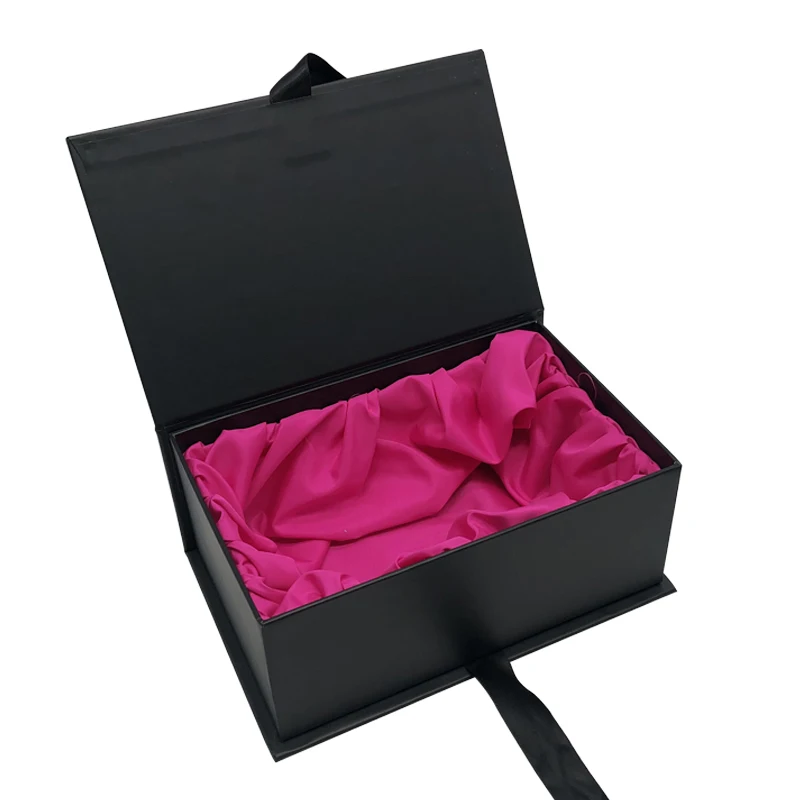 Customized Luxury Black Cardboard Lined Scrunchies Box Packaging Ribbon Closure Magnetic Silk Gift Paper Box With Satin Lining