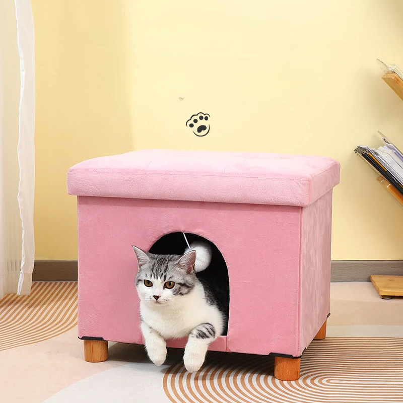 Pet House Ottoman Cube Cat or Dog Furniture Bed Footstool Folding Ottoman with Space for Animals