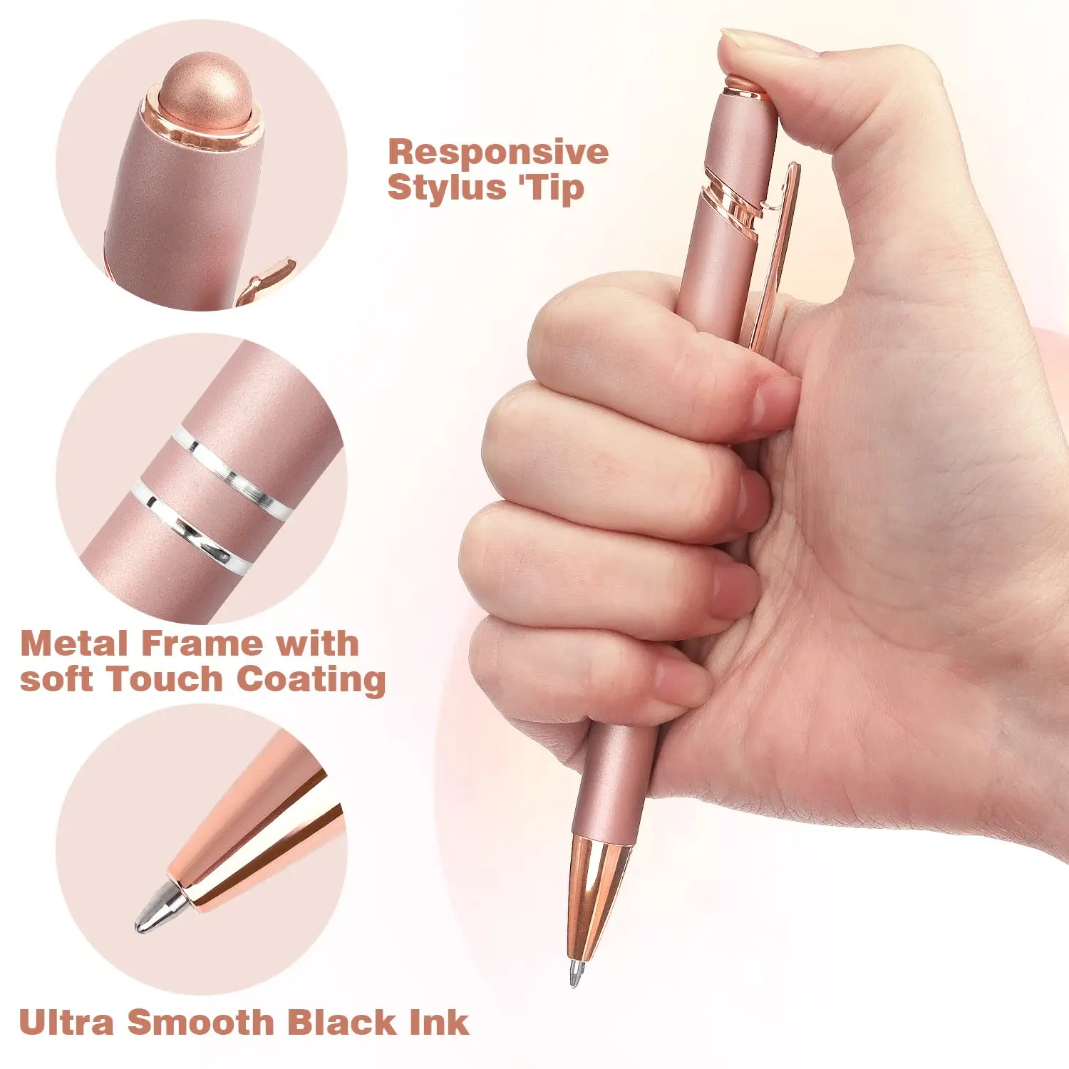 1.0 mm Black Ink Rose Gold Ballpoint Pen with Stylus Tip, 2 in 1 Stylish Metal Stylus Pen for Touch Screens